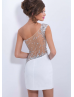 Ivory Jersey Beaded One Shoulder Sheer Back Knee Length Prom Dress